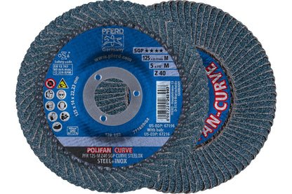 PFERD POLIFAN® - Disco de aleta de tipo radial curva, 5 x 7/8 pulgadas, circonita de grano 40, accesorio de soldadura y accesorio de amoladora angular - para molienda de acero y acero inoxidable - 5" x 7 - 8" Medium - Agujero central - Zirconia 40