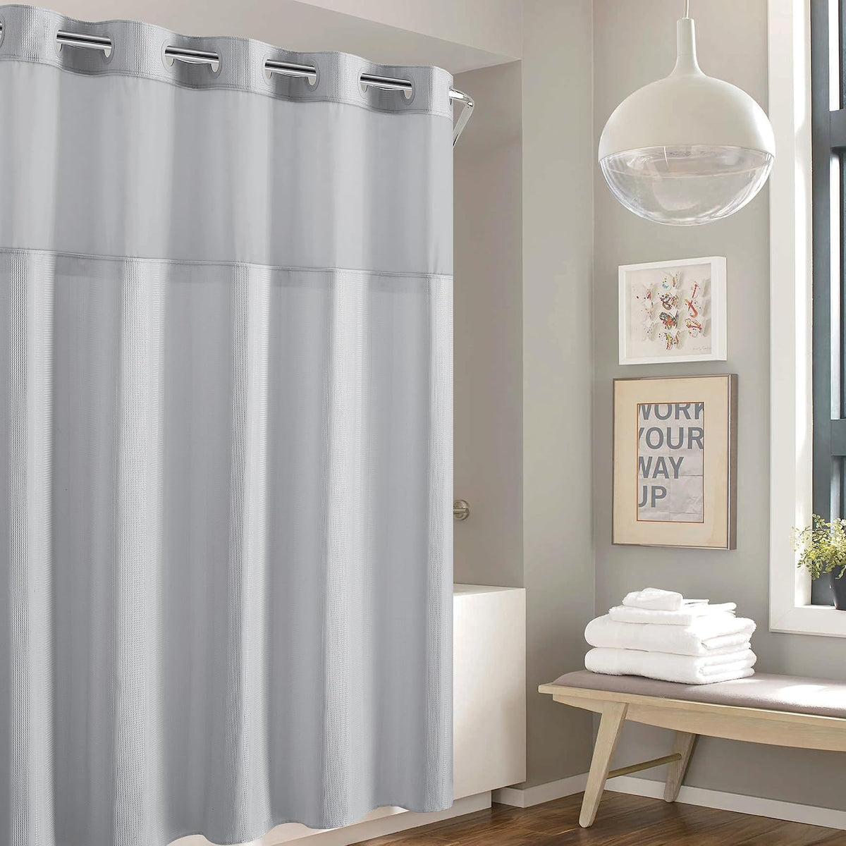 Hookless It's A Snap! Cortina de Ducha de Rayas gofres, Cortina de Ducha 2 en 1 Incluye Cortina de Ducha de Tela con Ventana Superior Transparente y Anillos Flexibles, Compatible con Forro, 71 x 74 - 180.3An x 188Al cm (1 Paneles) - Gris claro