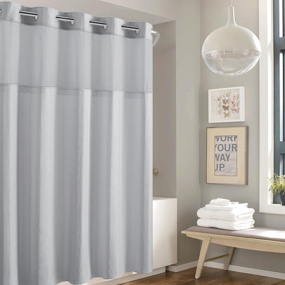 Hookless It's A Snap! Cortina de Ducha de Rayas gofres, Cortina de Ducha 2 en 1 Incluye Cortina de Ducha de Tela con Ventana Superior Transparente y Anillos Flexibles, Compatible con Forro, 71 x 74 - 180.3An x 188Al cm (1 Paneles) - Gris claro