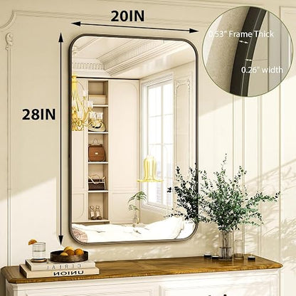 Easly - Espejo de baño de 20 x 28 pulgadas, espejo rectangular redondeado para pared, espejo moderno para decoración de habitaciones, espejos de pared con marco negro para decoración del hogar, cuelga