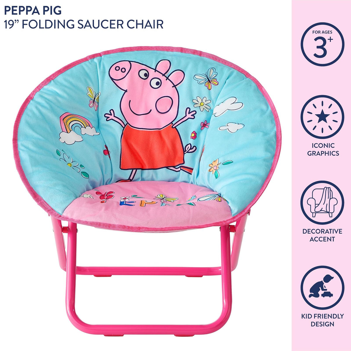 Idea Nuova Peppa Pig - Silla Plegable de 19 Pulgadas para recámara, Sala de Juegos o Sala de televisión, Silla para niños pequeños con Marco de Metal Plegable, portátil y cómoda, a Partir de 3 años