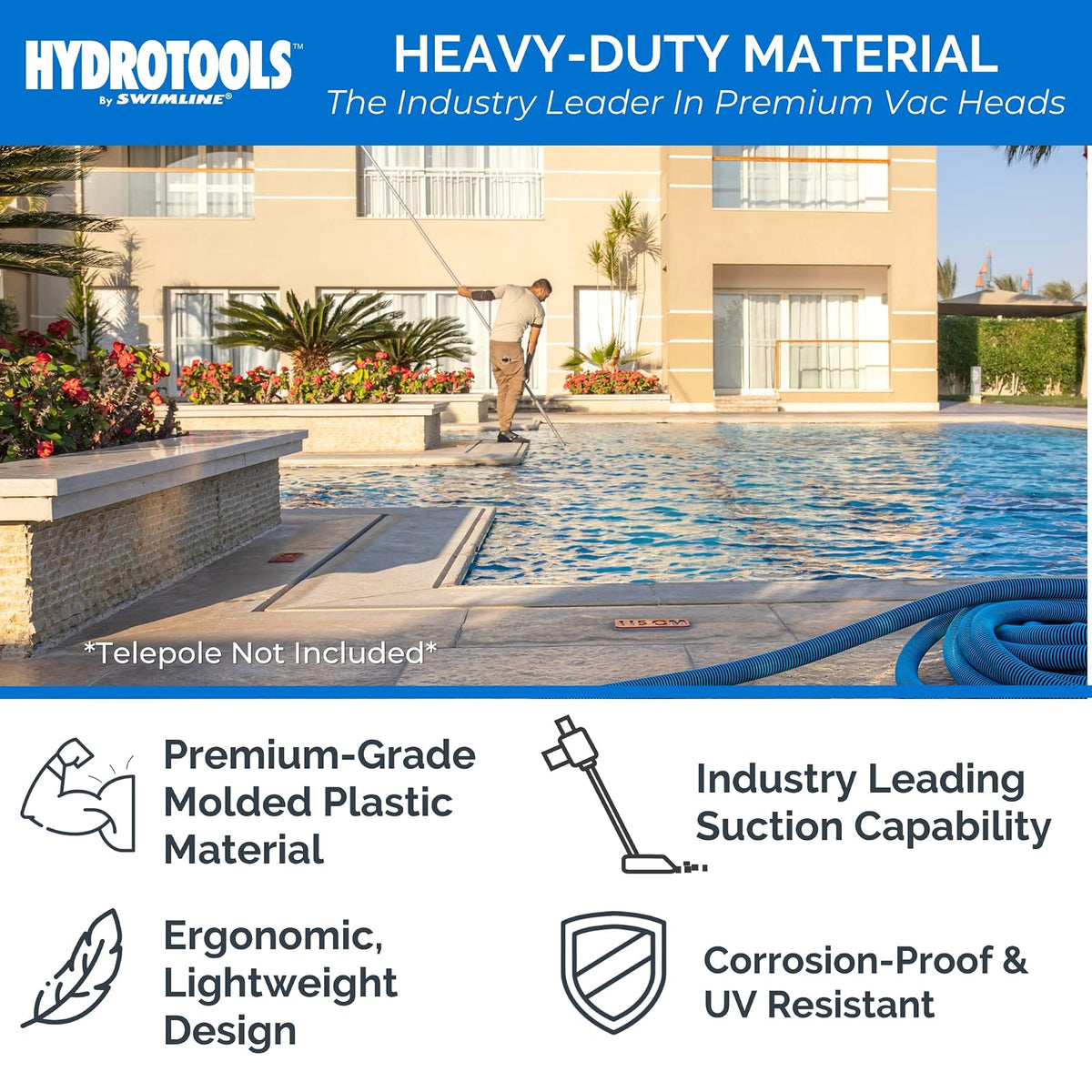 SWIMLINE HYDROTOOLS - Accesorio manual de cabezal de aspiradora para piscinas enterradas y sobre el piso, cabeza de vaca, forma triangular transparente con cerdas, manguera giratoria de 1-1/4 o 1-1/2