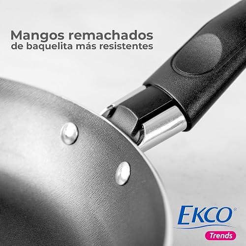 Ekco | Batería de Cocina Serum 19 Piezas de Aluminio Antiadherente Rosa | Revestimiento antiadherente, Cocción uniforme, Fácil limpieza, Uso diario, Calentamiento rápido, Mangos y asas de baquelita