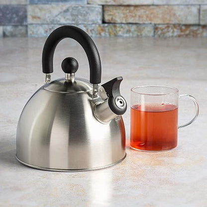 Primula Stewart - Hervidor de té de acero inoxidable de grado alimenticio, agua caliente rápida de hervir, plegable al tacto frío, 1.5 cuartos de galón, cepillado con mango negro