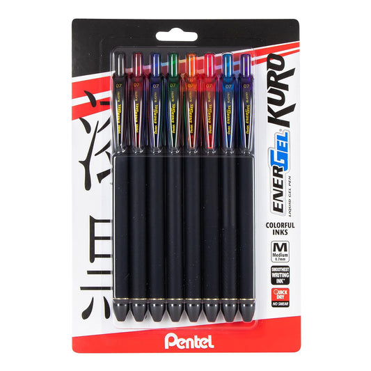 Pentel EnerGel Kuro Bolígrafo de gel líquido, línea media de 0,7 mm, tinta surtida, paquete de 8 (BL437R1BP8M)