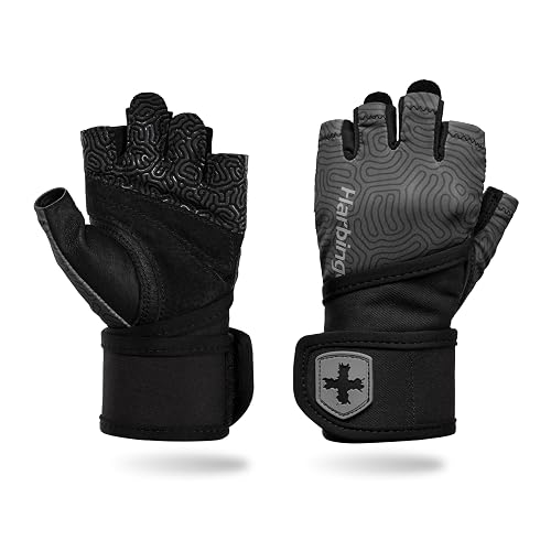 Harbinger Pro - Guantes de pulsera 3.0 - Agarre mejorado, soporte de muñeca superior, licra elástica transpirable en 4 direcciones, palma de piel duradera, diseño de medio dedo para levantamiento de