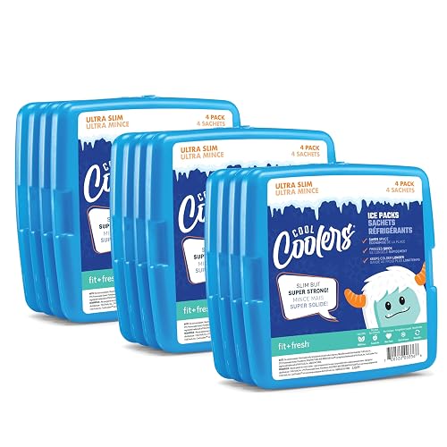 Fit & Fresh Cool Coolers Paquetes de hielo delgados y reutilizables para loncheras y hieleras, Azul, 3 Sets of 4 Ice Packs, 1
