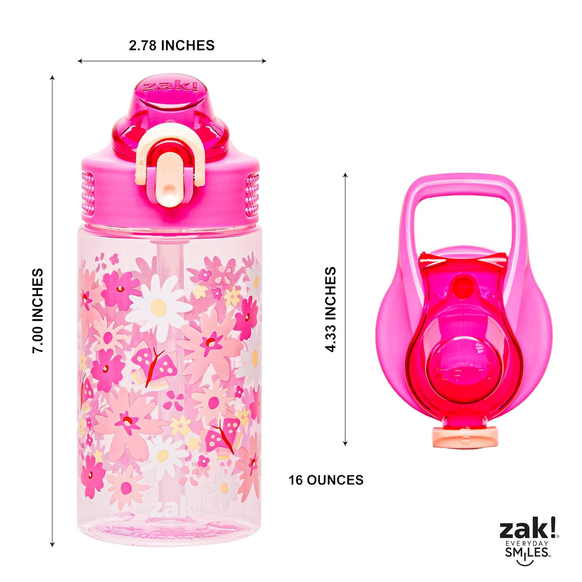 Zak Designs - Botella de agua de salvia para la escuela o los viajes, botella de agua de plástico duradera de 16 onzas con popote, mango y a prueba de fugas, cubierta de boquilla desplegable (Flower