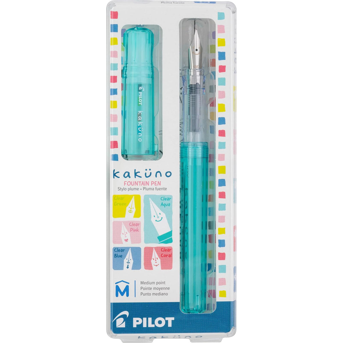 PILOT Pluma Fuente Kakuno, barril color aqua traslúcido, punto mediano, estuche con una pieza