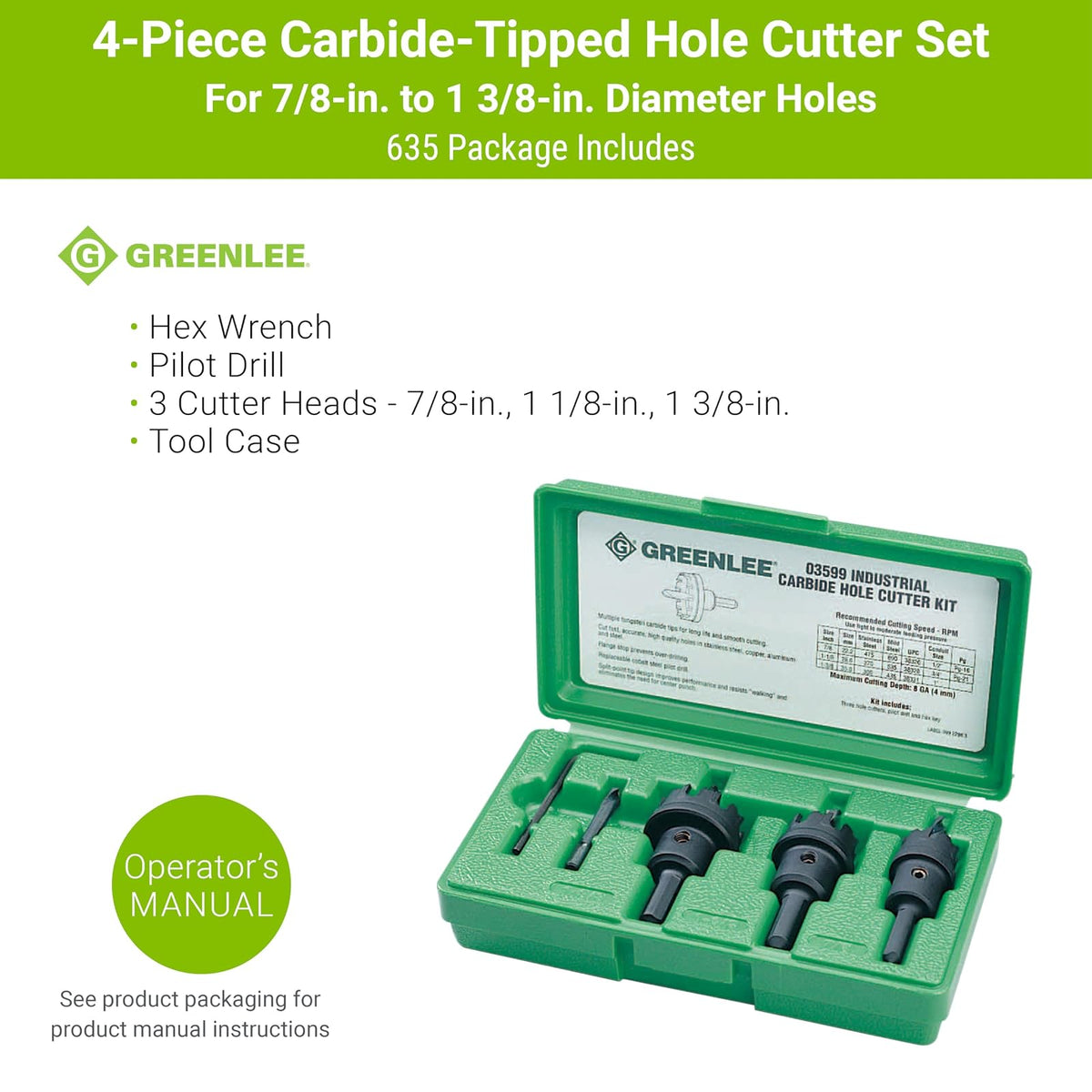 Greenlee 635 Kit de cortador de agujeros, 5 unidades, carburo de tungsteno, verde/negro