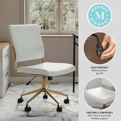 Martha Stewart Ivy Silla giratoria sin Brazos para Oficina en casa en Piel sintética Blanca con Marco de latón Pulido