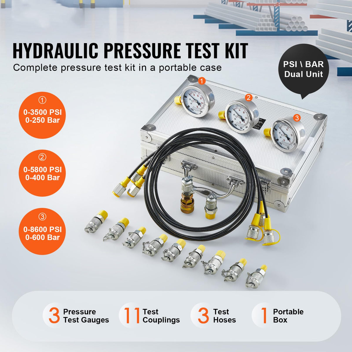Kit de prueba de presión hidráulica, 250/400/600bar, 3 calibradores, 11 acoplamientos de prueba, 3 mangueras de prueba, juego de medidores de prueba hidráulica para excavadoras con estuche de