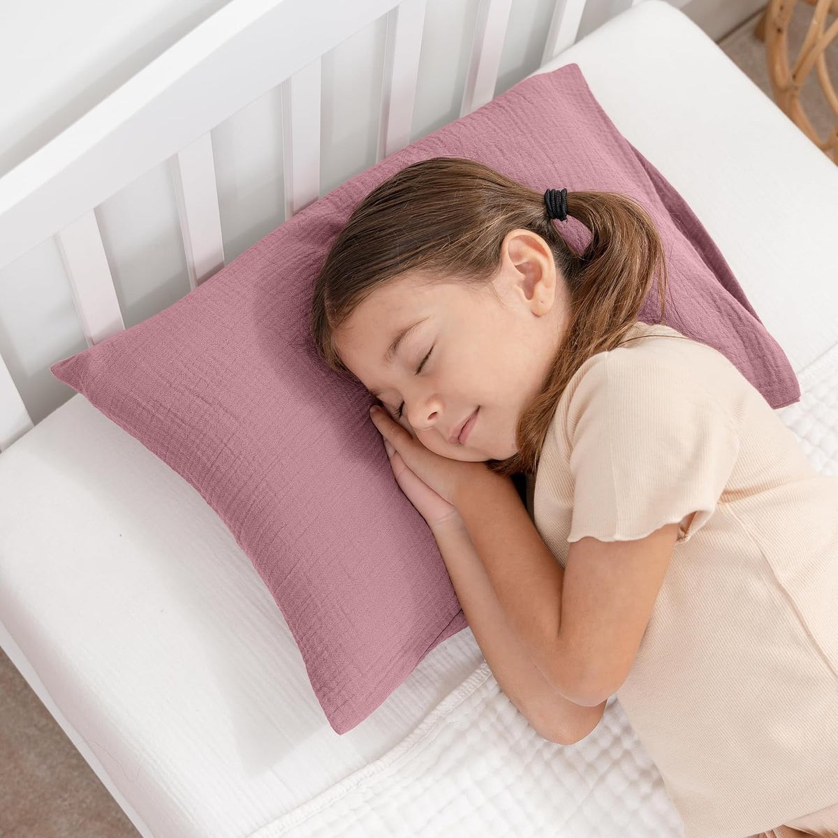 Comfy Cubs Toddler Pillow with Muslin Pillowcase, 13 x 18 in - Travel and Sleep Support for Kids - Lightweight, Microfiber Fill - Soft and Cozy Small Pillow for Toddlers - Mauve