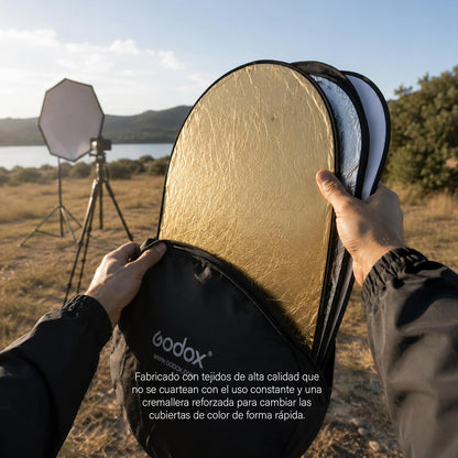 GODOX Reflector Rebotador Ovalado 5 en 1 de 120x80cm para Fotografía, Difusor de Luz Plegable con Superficies Dorado, Plata, Blanco, Negro y Translúcido, con Funda