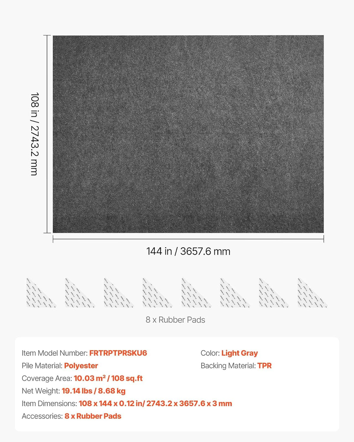 VEVOR Alfombrilla Antideslizante para Alfombras 274,32 x 365,76 cm, Base Antideslizante con Doble Superficie de Fieltro y Agarre de Goma, Protege Suelos y Mantiene Alfombras en Su Lugar, Gris Claro