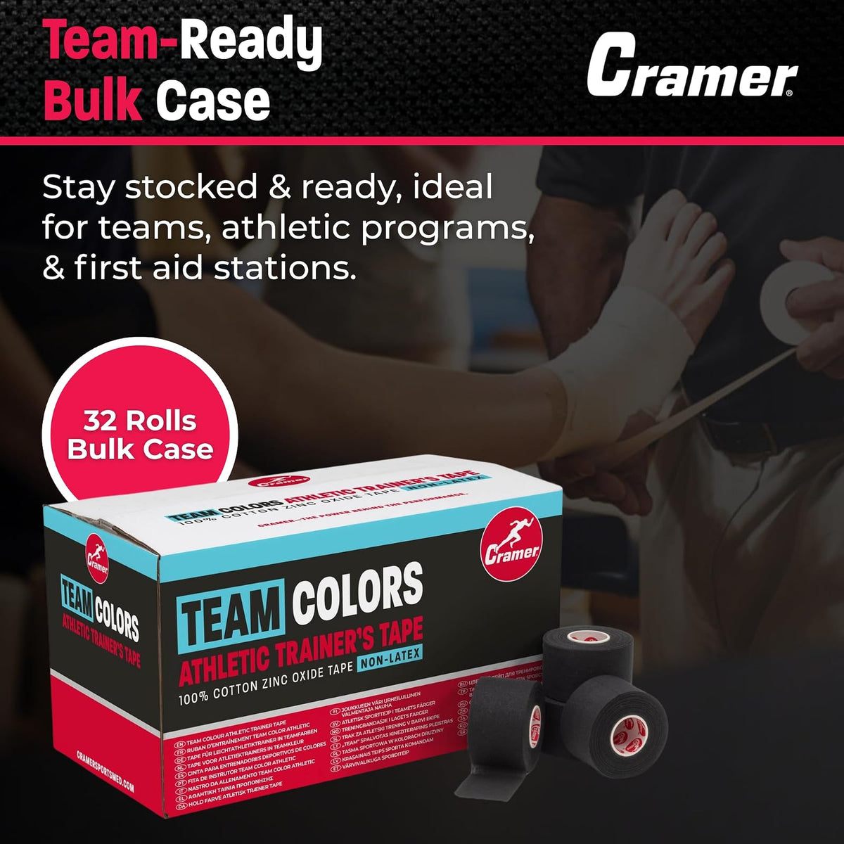 Cramer Team Cinta atlética de Colores, 3,8 cm, Caja con 32 Rollos, Varios Colores