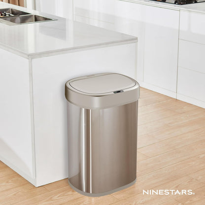 NINESTARS DZT-80-24 Bote de basura con sensor de movimiento automático con rango de sensor ajustable, base de acero inoxidable, tapa plateada, 21 galones
