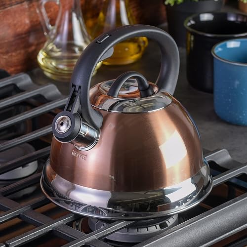 MR. COFFEE Flintshire - Tetera silbante de acero inoxidable con mango de nailon, 1.75 cuartos de galón, cobre