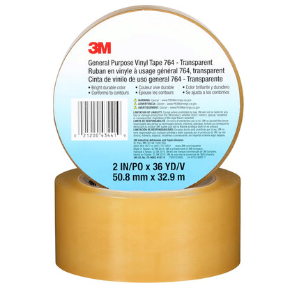 3M Cinta de vinilo 764, uso general, 2 pulgadas x 36 yardas, transparente, 1 rollo, cinta de marcado de piso de tráfico ligero, distanciamiento social, codificación de colores, seguridad, agrupación