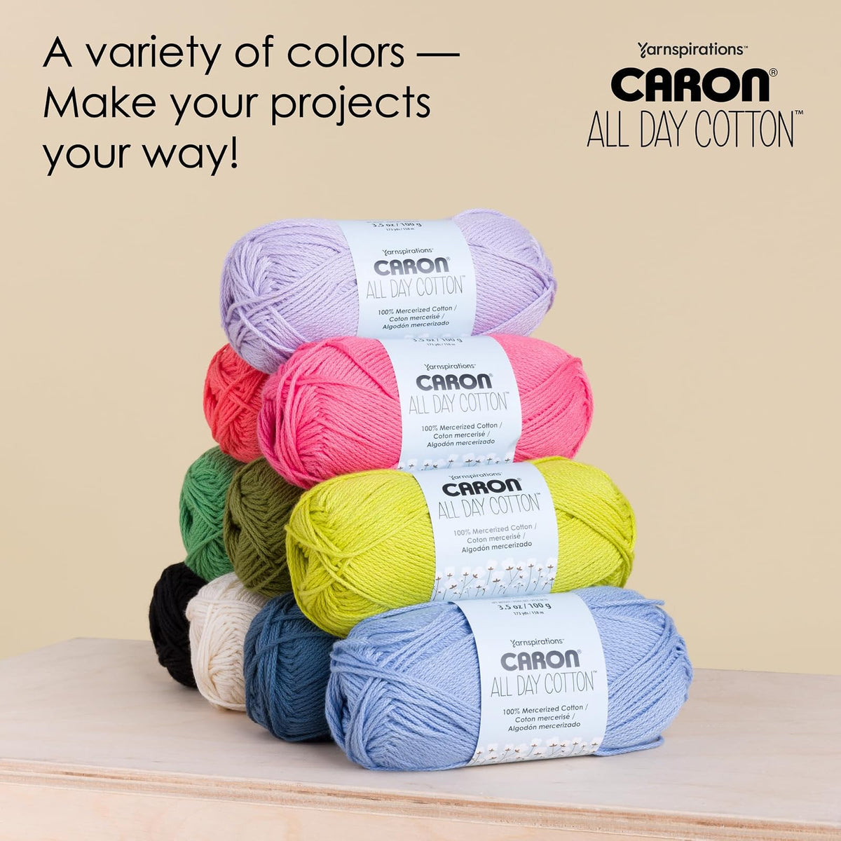 Caron All Day Cotton Mercerizado | Paquete de 3 hilos, 100g/3.5oz, 173 yardas, color perfecto para proyectos
