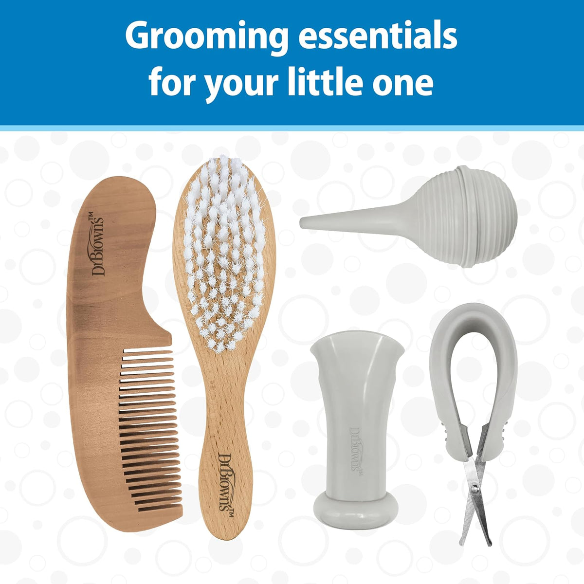 Dr. Brown's Baby Care Essentials - Kit de tijeras de uñas con funda, aspirador nasal, cepillo para polvo de tapa de cuna y peine, sin BPA