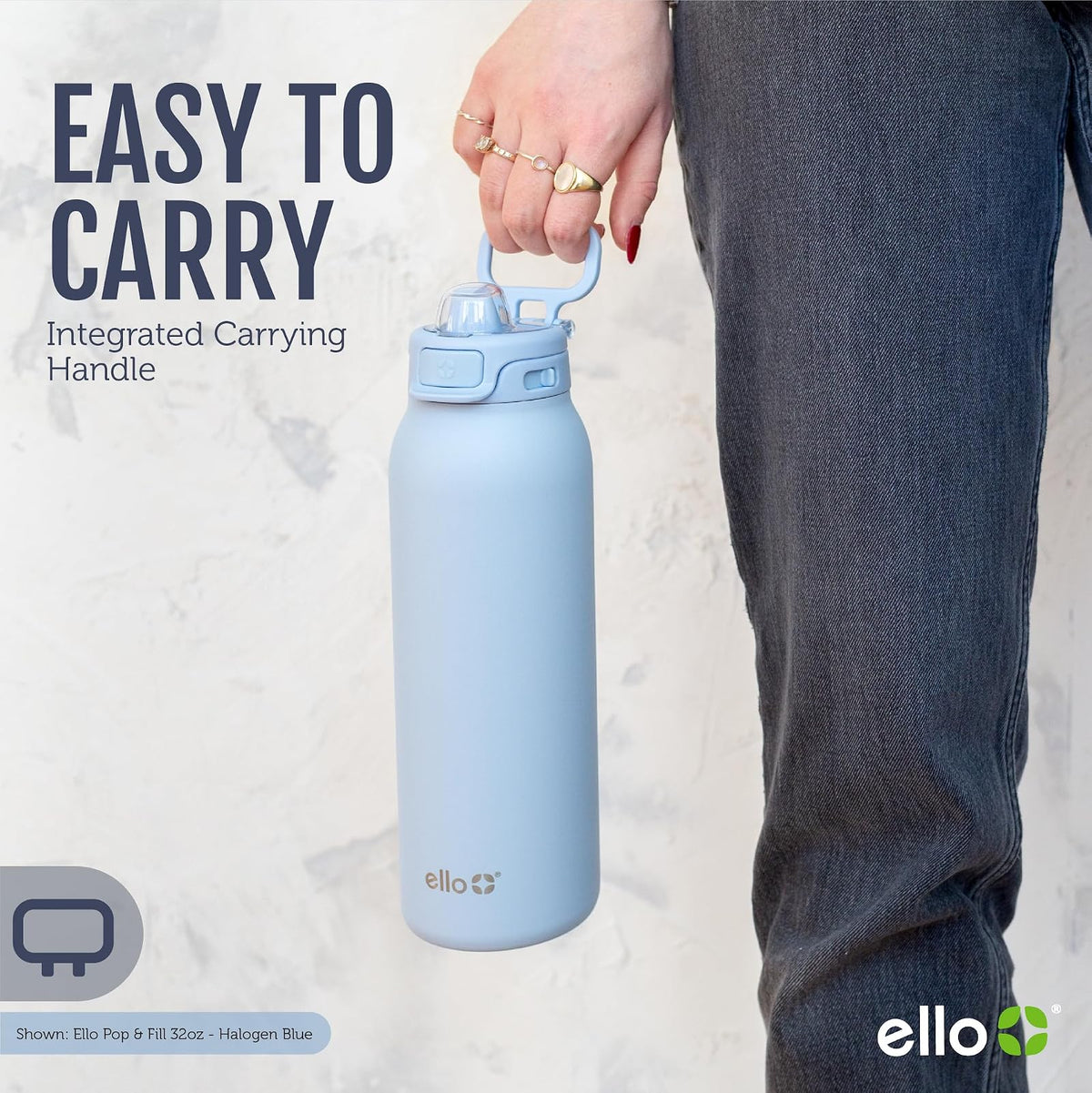 Ello Pop & Fill - Botella de agua de acero inoxidable de 22 onzas con tecnología de llenado rápido, doble pared y metal aislado al aspiradora, tapa de bloqueo a prueba de fugas, beber y chug,