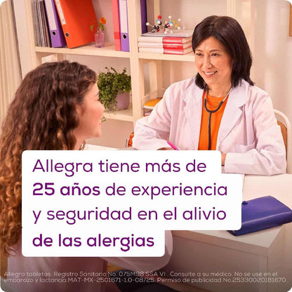 Allegra Antihistamínico para Alergias Leves a Moderadas 10 tabletas 120 mg. Controla los Síntomas de la Alergia a partir de 30 Minutos. No Causa Sueño