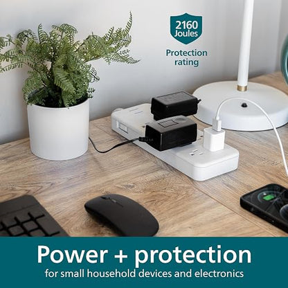 Philips EZFit - Tira de alimentación con Protector de sobretensiones de 8 Tomas, Cable de extensión Trenzado de 8 pies, Tomas ampliamente espaciadas, 2160 Julios, Enchufe Plano, para hogar, Oficina,