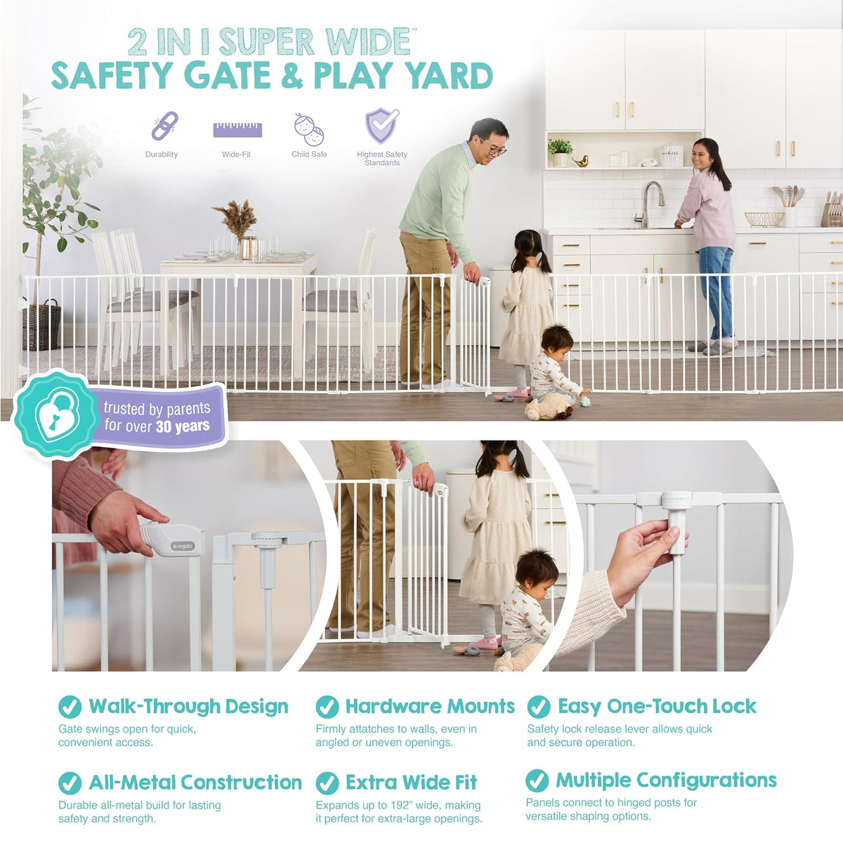 Regalo 192-Inch Super Wide ajustable Baby Gate and Play Yard, 4 en 1, kit de bonificación, incluye 4 paquetes de soportes de pared