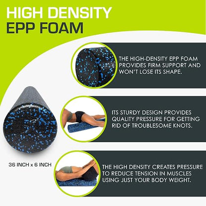 ProsourceFit High Density Foam Rollers 36 - Inches Long, Firm Full Body Athletic Massage Tool for Back Stretching, Yoga, Pilates, Post Workout Muscle Recuperation, Black/Blue