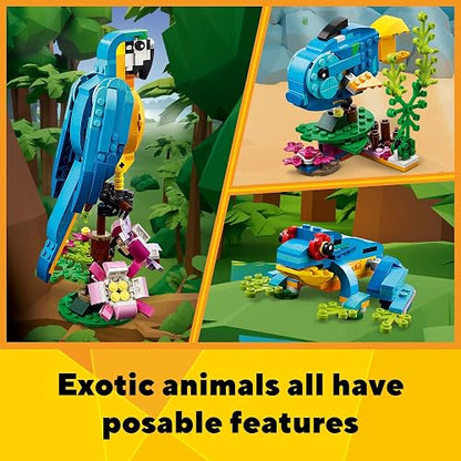 LEGO® Creator Loro Exótico; Animales de la Selva para Actividades en Familia con un Divertido Loro 3 en 1 articulado Que se Puede Transformar en una Colorida Rana Azul o un tierno pez Azul 31136