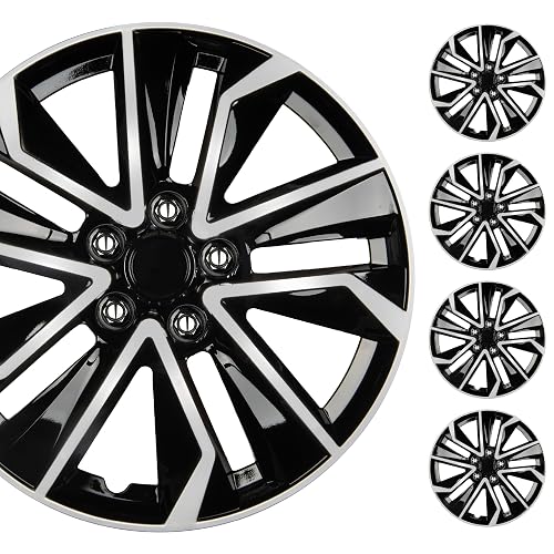 BDK - Juego de 4 tapacubos de 16 Pulgadas, Repuesto OEM, Funda de Rueda de Repuesto para automóviles, Camiones, SUV, Furgonetas, ABS Duradero, Negro y Plateado, Accesorios para el Exterior de 10