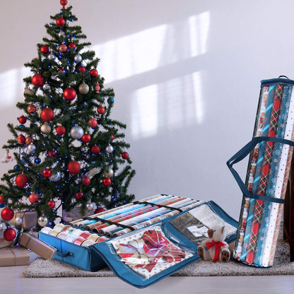 Hearth & Harbor - Contenedor de almacenamiento de papel para envolver y soporte de papel transparente, bolsa de almacenamiento de Navidad con bolsillos interiores, se adapta a hasta 36 rollos de 40