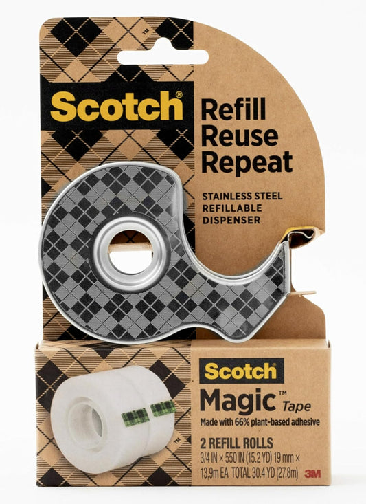 SCOTCH 3M Kit de Despachador Metálico de Cinta Adhesiva + 2 Rollos | Ideal para proyectos creativos, No se amarillenta, Acabado invisible, Incluye 2 piezas de cinta mágica, Tamaño 19 mm x 13.9 m