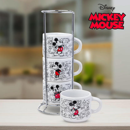 Silver Buffalo Disney Mickey Mouse clásico Sketches Art 4 piezas apilables de cerámica espresso juego de tazas pequeñas, 3 onzas