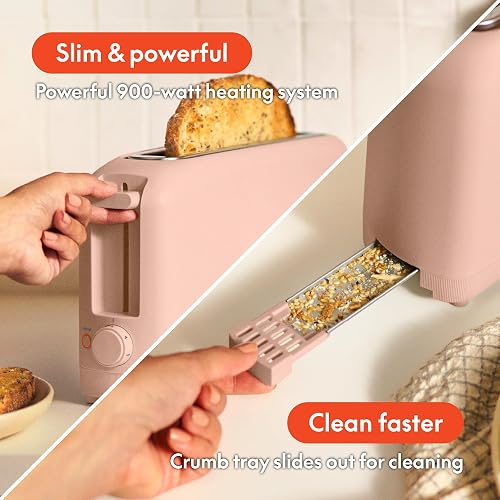 Bella tostador delgada de 2 rebanadas, se adapta a cualquier lugar™, control de sombra de 6 ajustes con botones de recalentamiento y cancelación, bandeja extraíble para migas, ranura de 10 pulgadas de