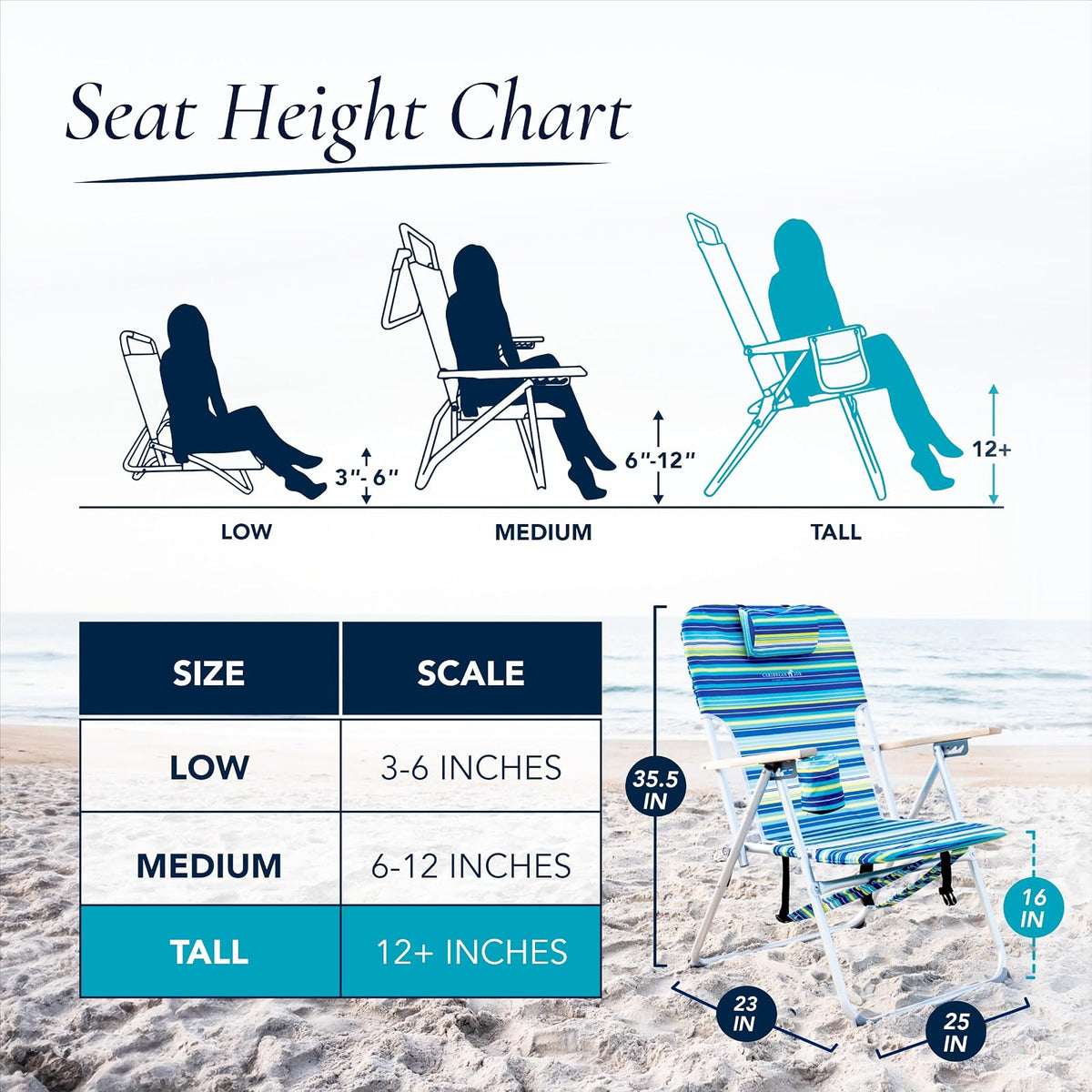 Caribbean Joe - Silla de Playa Plegable, Mochila portátil de 4 Posiciones, Silla de Camping Plegable con reposacabezas, portavasos y reposabrazos de Madera, Rayas Azules y Lima
