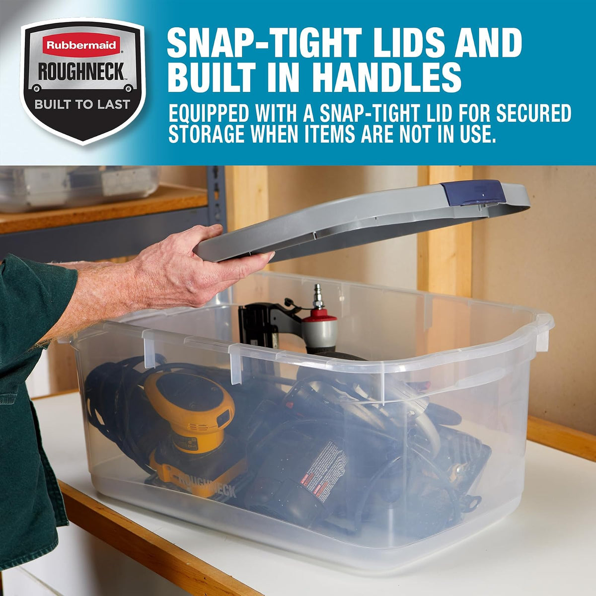 Rubbermaid Roughneck - Contenedores de almacenamiento transparentes de 50 cuartos de galón/12 galones, paquete de 5 con tapas grises con cierre, base visible, resistente y apilable, ideal para