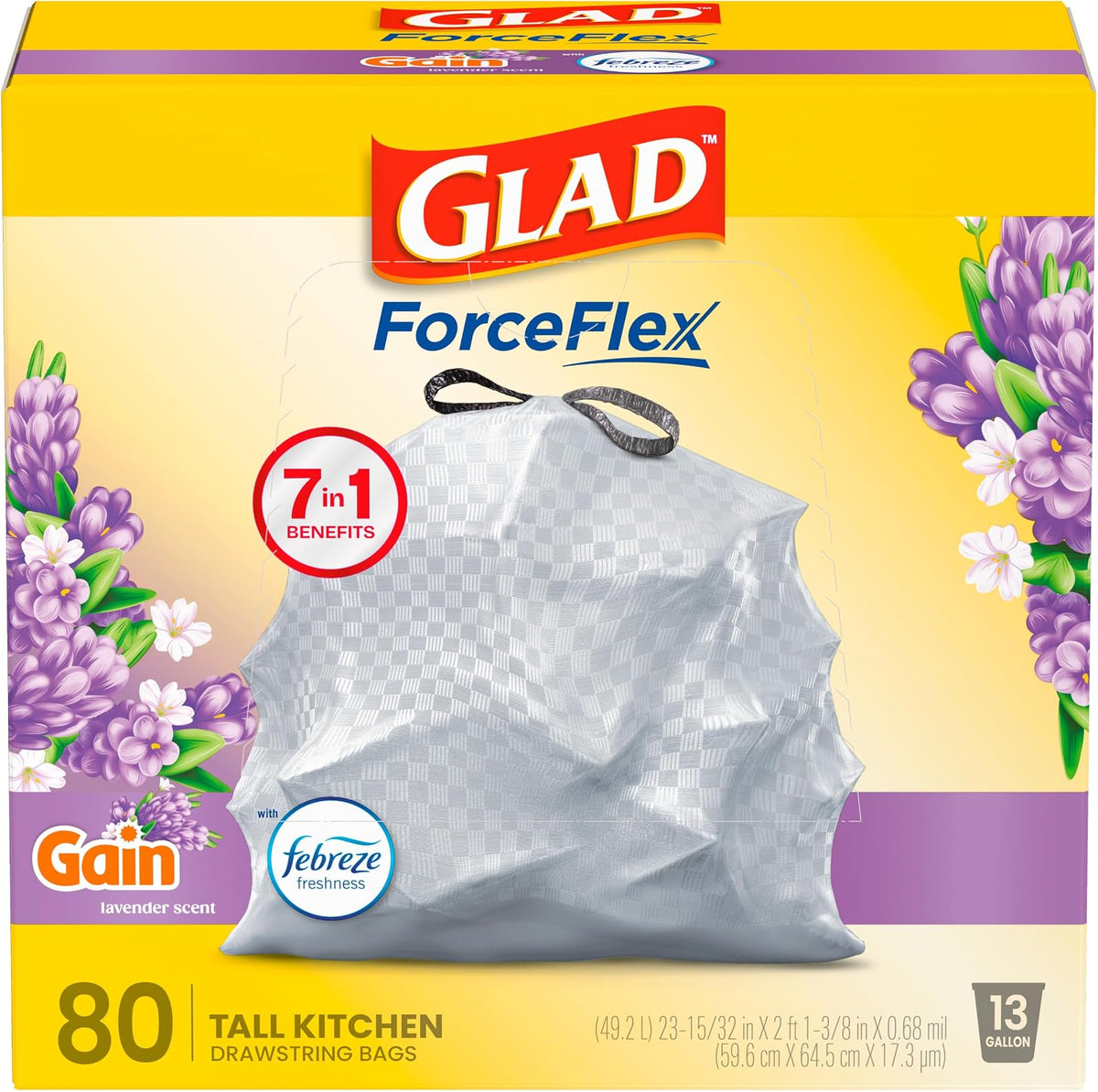 Glad OdorShield Bolsas para Basura con Cordón Lavanda 13 Galones 80 Piezas - Lavanda - 80 Count (Pack of 1)