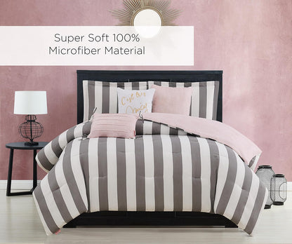 Juicy Couture - Juego de edredón, diseño de Rayas de cabaña, Juego de Cama Individual, Juego de 5 Piezas Incluye 1 edredón, 1 Funda y 3 Almohadas Decorativas, 100% Microfibra de poliéster, Resistente