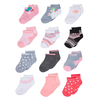 Cherokee Calcetines Cortos para Niña, Paquete de 12 - 12-24 Meses - Corazones de unicornio