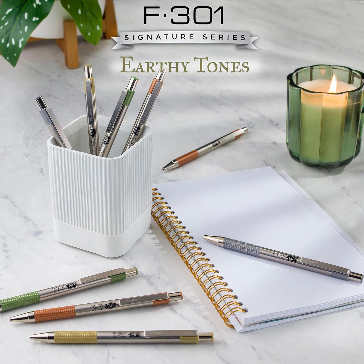 Zebra Pen F-301 Signature Series - Bolígrafo retráctil de 0,7 mm, tinta negra, barril de acero inoxidable duradero con detalles de tonos terrosos, detalles de barril surtidos, paquete de 4 (27304)