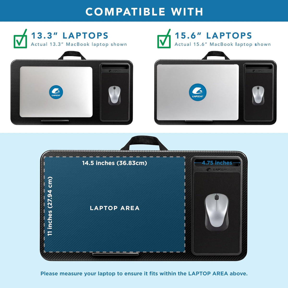 LapGear Escritorio de regazo para oficina en casa con repisa de dispositivo, alfombrilla de mouse y soporte para teléfono, carbón negro, se adapta a portátiles de hasta 15.6 pulgadas, estilo n.º 91588