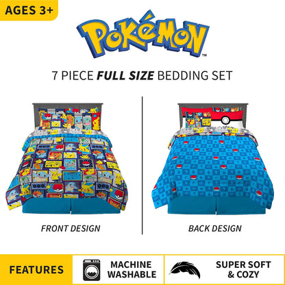Franco - Juego de Ropa de Cama Supersuave para niños, edredón y sábanas con Funda de Almohada, 7 Piezas, tamaño matrimonial, Pokémon