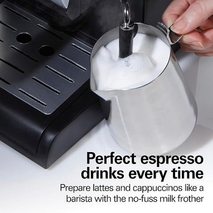 Hamilton Beach 40715 Cafetera Espresso, 2 Tazas, Cappuccino, Mocha y Latte, 15 Bares, Negro y Plata