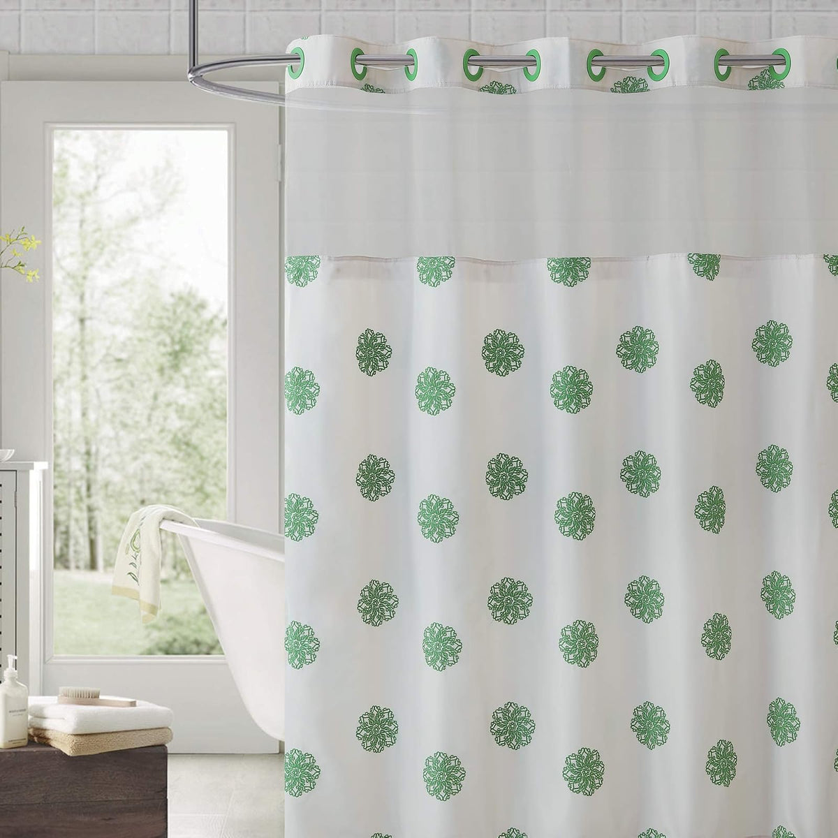 Hookless RBH40MY030 Sunburst - Cortina de Ducha con Forro de pétalo, Color Crema/Negro, explosión Solar, Crema/Verde, 71x74, 1