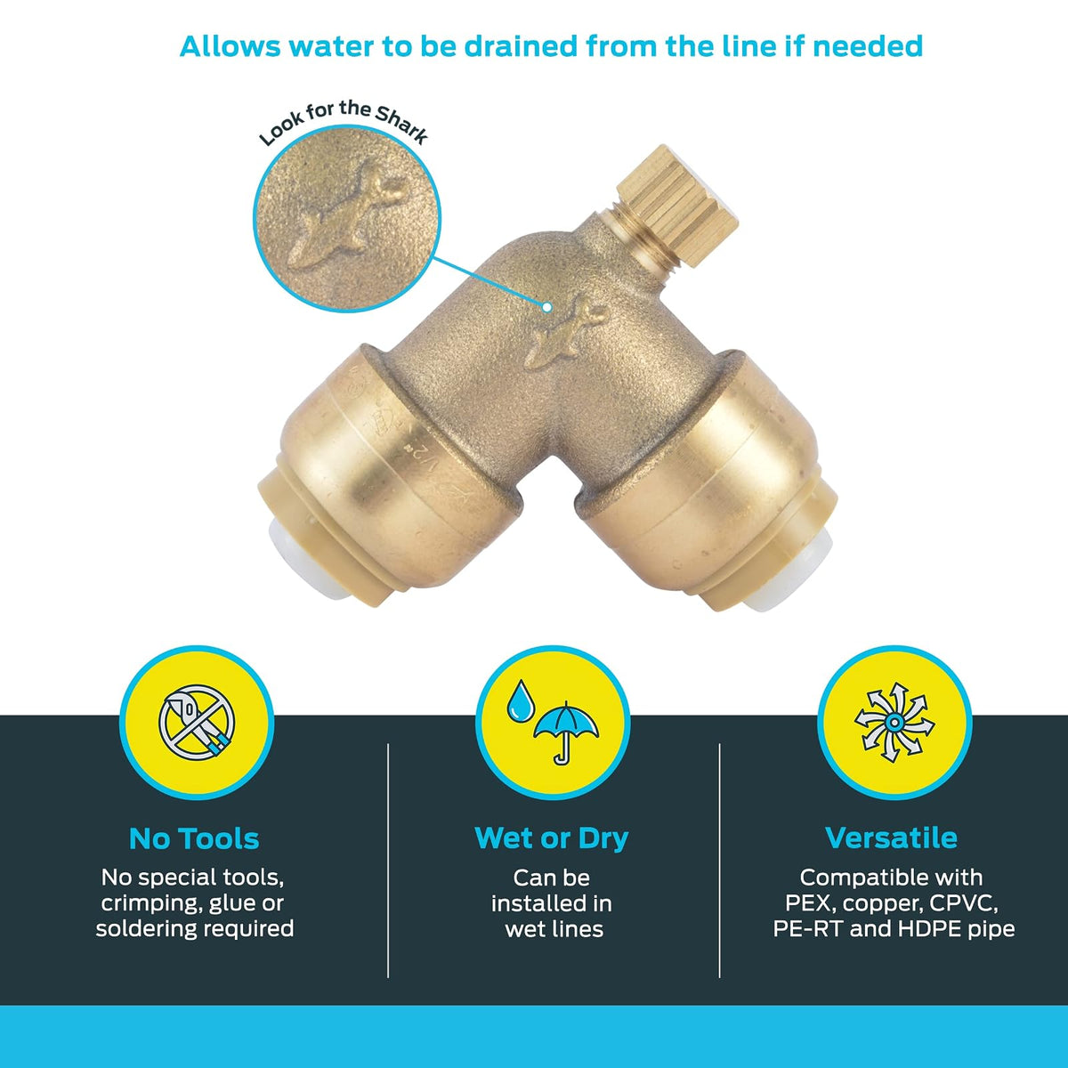 SharkBite Codo de 90 grados de 1/2 pulgada con ventilación de drenaje, accesorio de fontanería de latón a presión para conectar, tubería PEX, cobre, CPVC, PE-RT, HDPE, U5248LFA