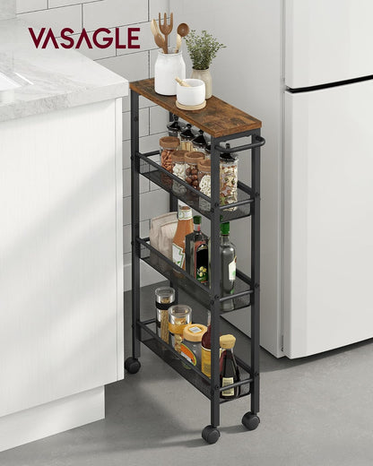 VASAGLE Carrito Organizador Slim de 4 Niveles con Ruedas y Asa, Estante Estrecho para Cocina, Baño y Oficina, 45.4x13x77 cm MLRC032B01