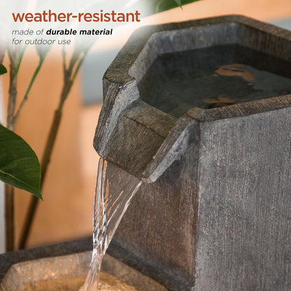 Alpine Corporation GIL1480 Fuente Cascada Hexagonal de Piso para Exteriores, Fuente de Agua Moderna de Piedra Envejecida de 25", Gris