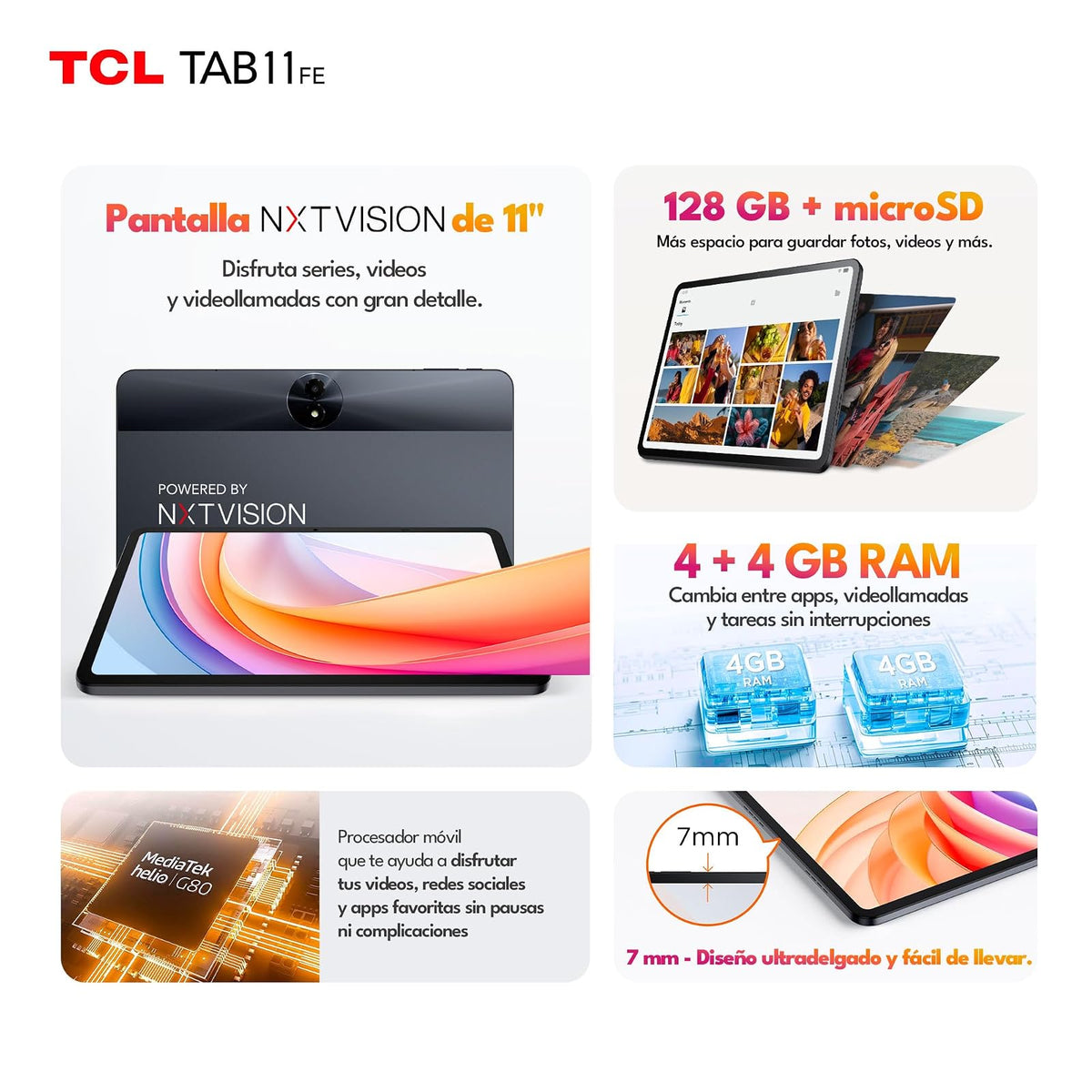 TCL Tab 11 FE | Tablet Android 14 | Pantalla 10.95” | 4GB RAM + 128GB | Flip Cover